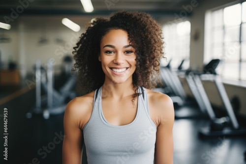 Smiling portrait of a happy young female african american fitness instructor working in an indoor gym