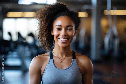 Smiling portrait of a happy young female african american fitness instructor working in an indoor gym