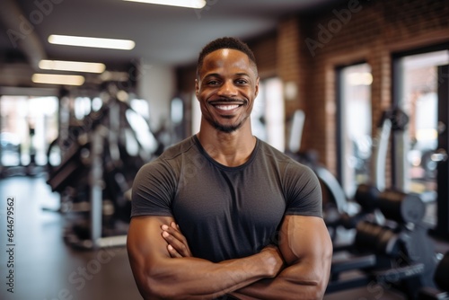 Smiling portrait of a happy young male african american fitness instructor in an indoor gym