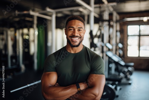 Smiling portrait of a happy young male african american fitness instructor in an indoor gym