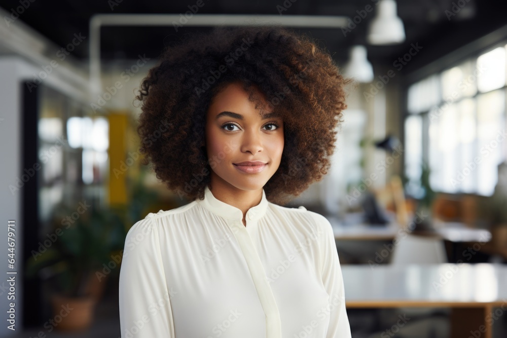 Smiling portrait of a happy young african american woman working for a startup company in an office Smiling portrait of a happy young african american woman working for a startup company in an office