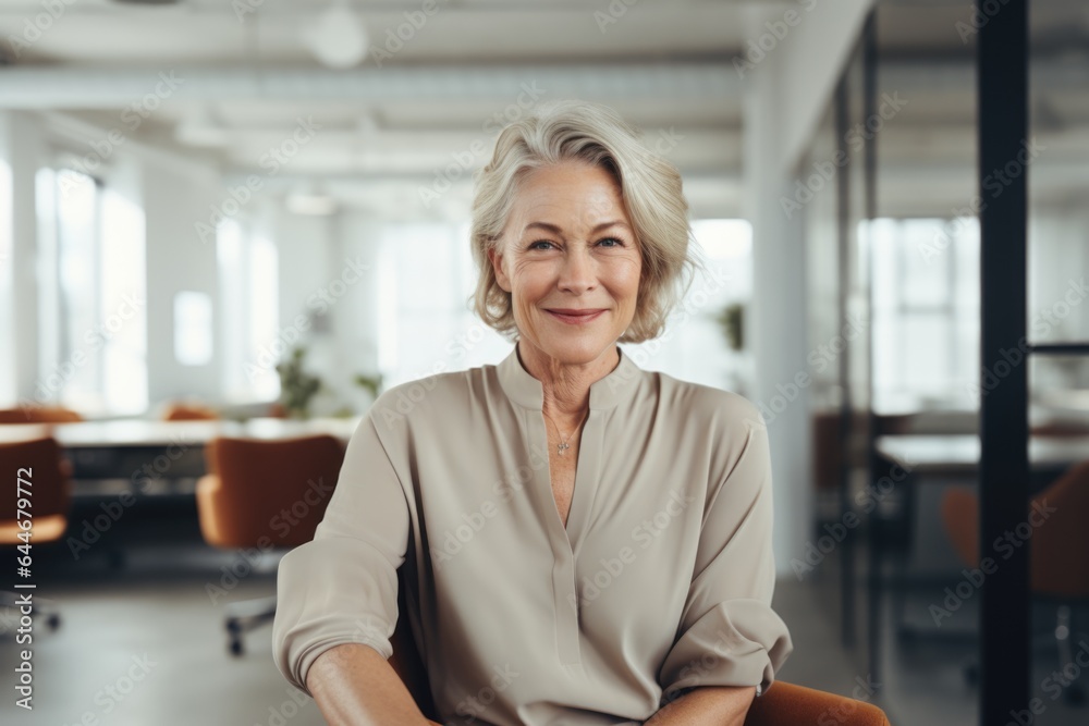 Smiling portrait of a happy senior woman working for a startup company in an office Smiling portrait of a happy senior woman working for a startup company in an office
