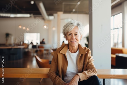 Smiling portrait of a happy middle aged caucasian woman working for a startup company in an office