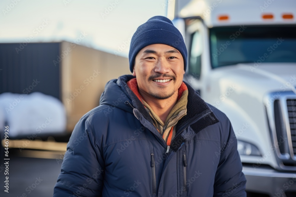 Smiling portrait of a happy middle aged asian american male truck driver working for a trucking company Smiling portrait of a happy middle aged asian american male truck driver working for a trucking company