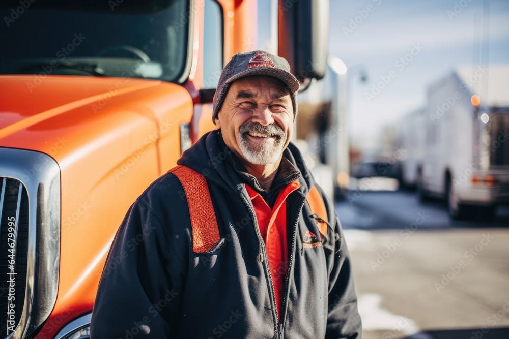 Smiling portrait of a happy middle aged caucasian male truck driver working for a trucking company Smiling portrait of a happy middle aged caucasian male truck driver working for a trucking company