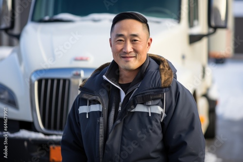 Smiling portrait of a happy middle aged asian american male truck driver working for a trucking company