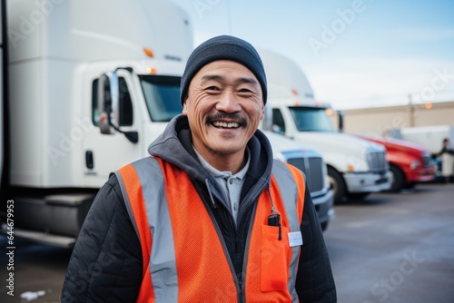 Smiling portrait of a happy middle aged asian american male truck driver working for a trucking company