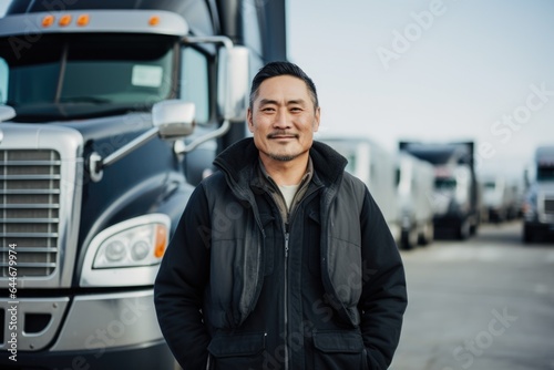 Fototapete Smiling portrait of a happy middle aged asian american male truck driver working