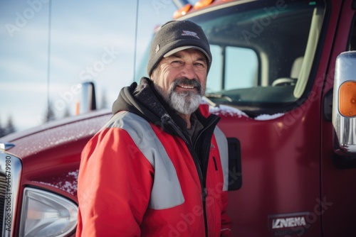 Smiling portrait of a happy middle aged caucasian male truck driver working for a trucking company © Baba Images