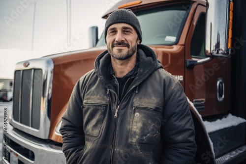Smiling portrait of a happy middle aged caucasian male truck driver working for a trucking company © Baba Images