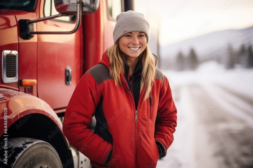 Smiling portrait of an caucasian female truck driver working for a trucking company Smiling portrait of an caucasian female truck driver working for a trucking company