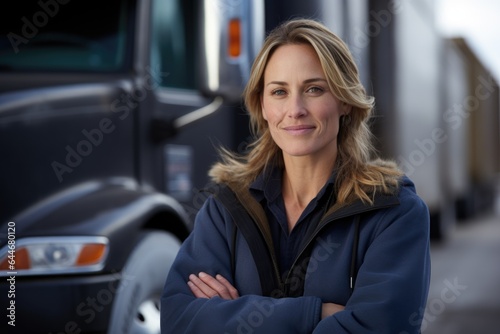 Smiling portrait of an caucasian female truck driver working for a trucking company