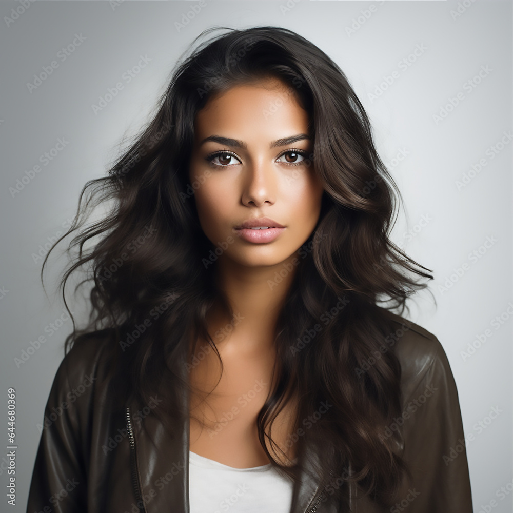 Naklejka premium tanned brunette woman off white background