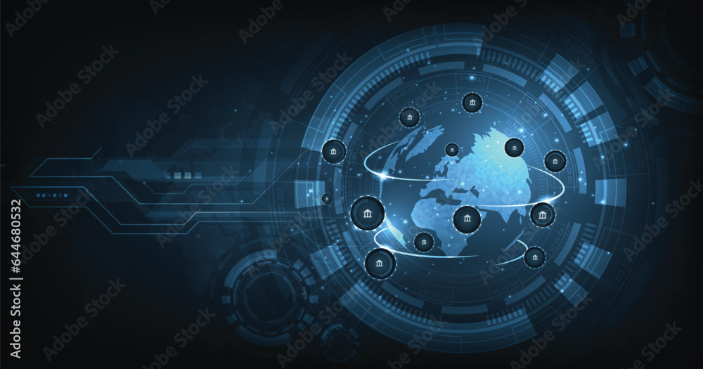 Banking Technology Concept. Isometric illustration of the bank on a dark blue technology background. Digital connect system. Financial and Banking technology concept.Vector illustration.EPS 10.