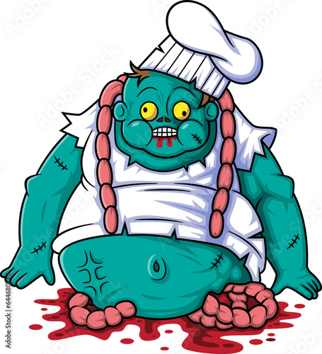 Spooky zombie chef cartoon character on white background