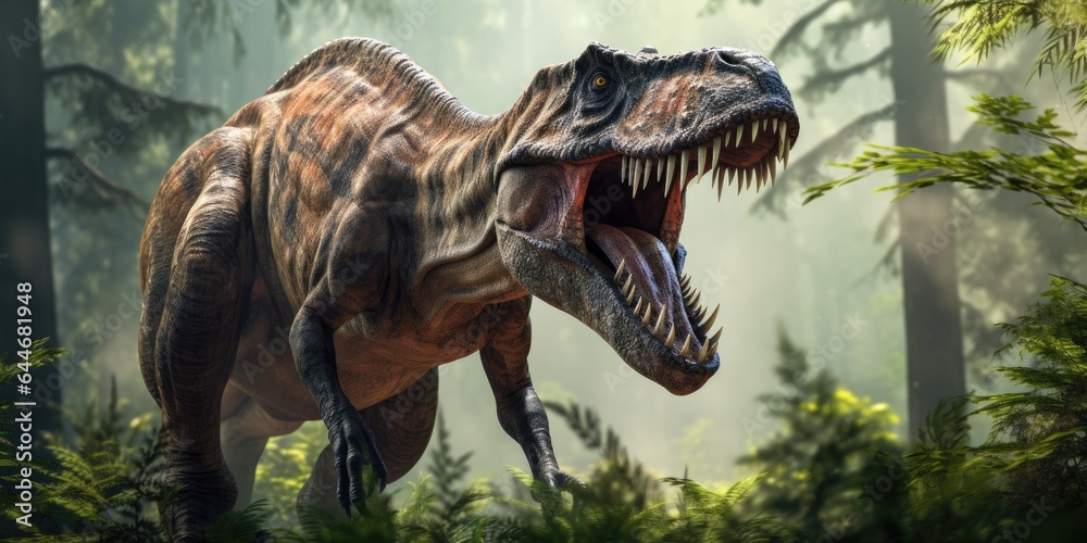 illustration of tyrannosaurus in forest, generative AI illustration of tyrannosaurus in forest, generative AI