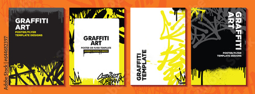 Graffiti poster or flyer design templates with colorful tags, grunge, scribblers and throw up. Hand-drawn abstract graffiti vector designs.