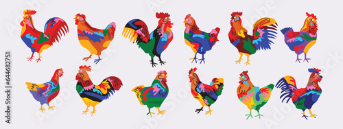 Set of colorful abstract and various shapes chicken rooster hen icon character vector illustration. Isolated on white background.