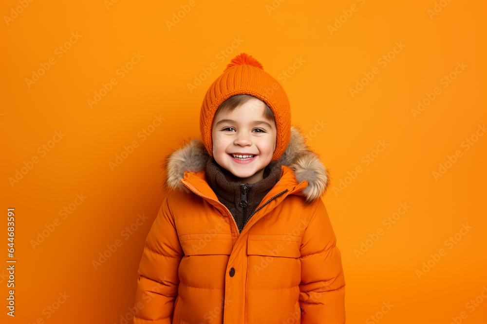 A young boy wearing cold weather clothing in front of an orange background, Generative AI