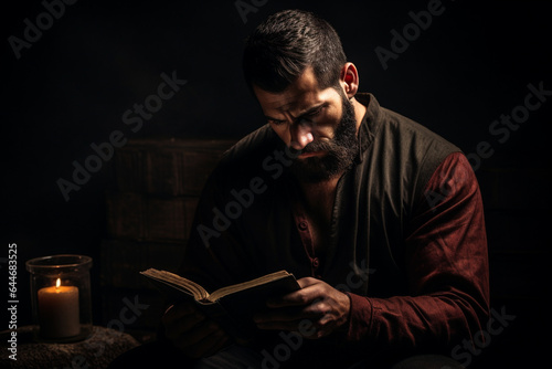 A portrait of a man reading a book in a dark room, Generative AI