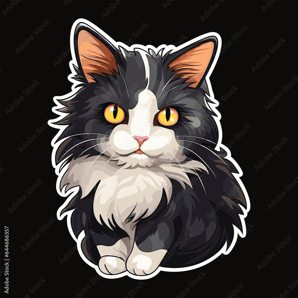 realistic cute cat sticker design for print, Isolated on black background, digital vector graphic.