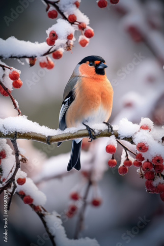Bullfinch on a Snow-Covered Rowan Branch © LadyAI