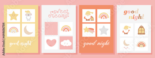 Set of cute kids character poster. Sweet Dreams and good night. Childrens room decoration design. Kids party invitation. Flat vector illustration