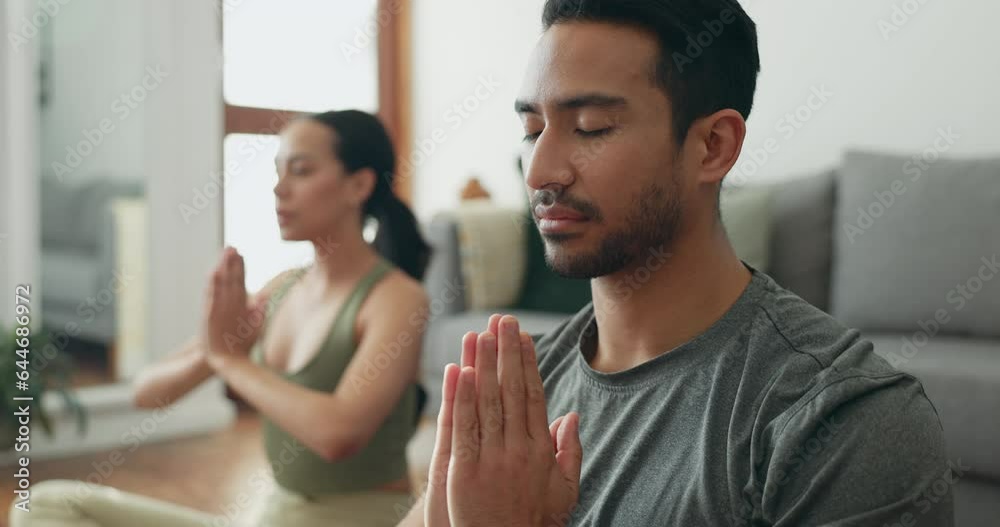 Apartment, meditation and couple with exercise, yoga and training with wellness, peace and zen. Home, man and woman with workout, relax and breathing with mental health, fitness and chakra balance