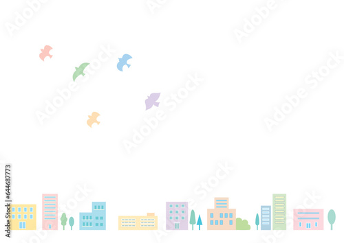鳥が舞う、パステルカラーのメルヘン風ビル街の罫線