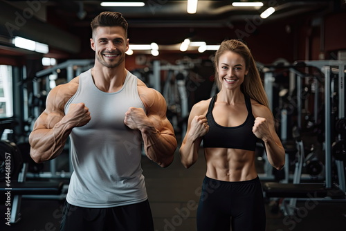 couple flexing their muscles  working out in gym  health and wellness