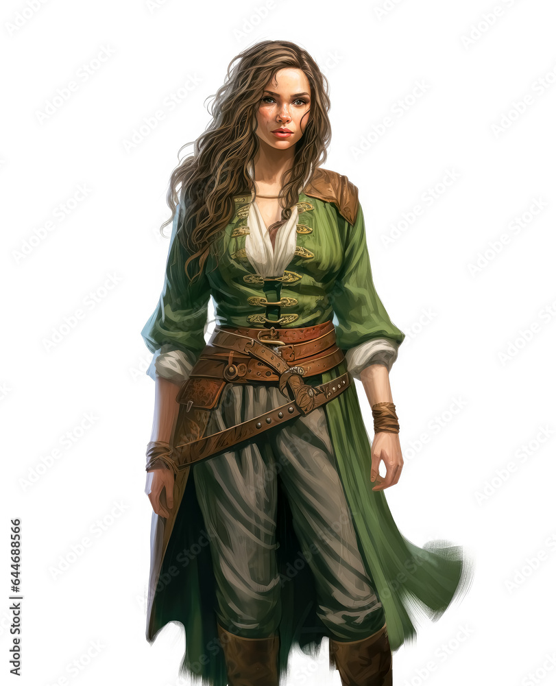 Woman dressed in green and brown, with long hair, game concept art, detailed costumes. Woman dressed in green and brown, with long hair, game concept art, detailed costumes.