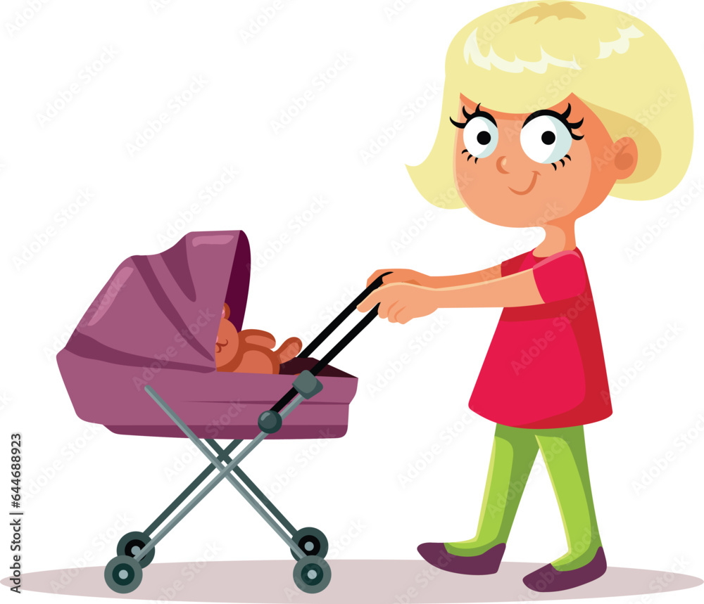 Toddler Girl Pushing a Baby Stroller Vector Cartoon Illustration. Little child play pretending gender role stereotype game
Toddler Girl Pushing a Baby Stroller Vector Cartoon Illustration. Little child play pretending gender role stereotype game