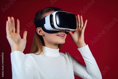Young woman wearing VR augmented reality goggles in futuristic corridor of virtual art gallery exhibition, surreal world and virtual reality, Generative AI