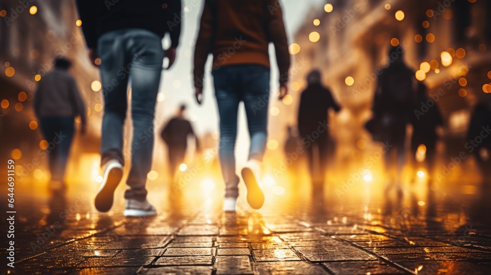people walking in the city with ligth and defocus.