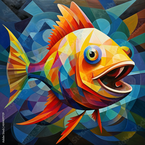 Oil painting of creative cubism and colorful angler fish.