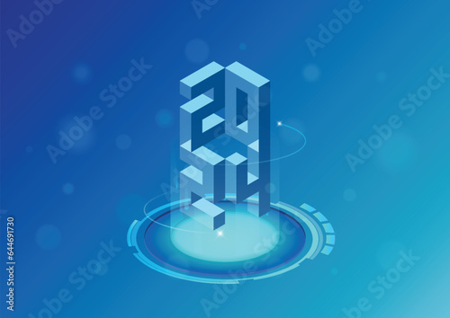 Happy new year 2024 technology solution background. isometric vector.