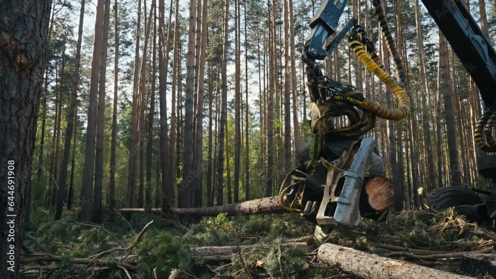 Harvester machine removing the trees as a part of a deforestation ...