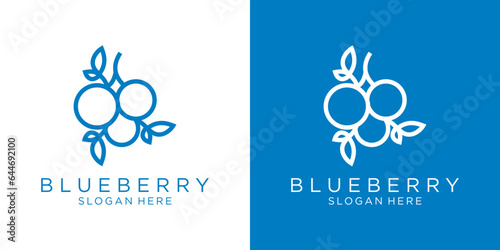 Blueberries logo. Art line. Blueberry logo in line design style isolated with leaves on white background