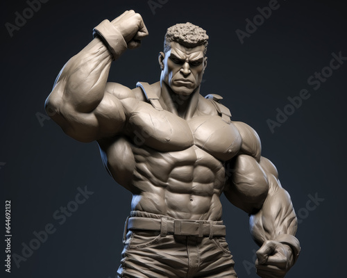 Muscled guy holding up his fist, stone sculptures, superheroes, hyper-realistic details.