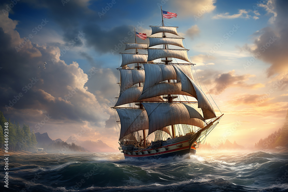 Fototapeta premium Generative AI Image of Sailboat with United States Flag in the Ocean for Columbus Day