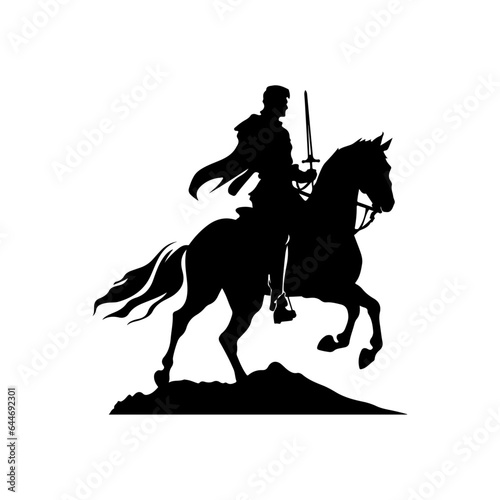Fotografia Vector silhouette A knight with sword on a horse black isolated on white