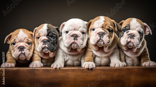 Newly born bulldog puppies posting for a studio portrait.