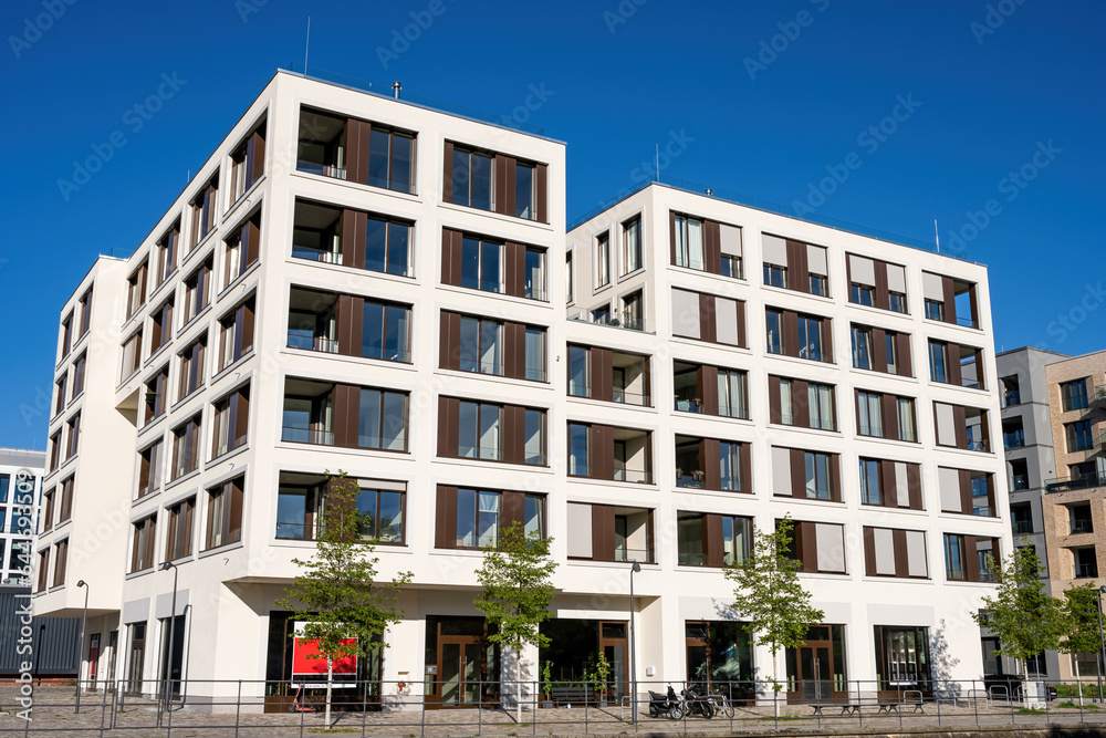 Modern white residential building seen in Berlin, Germany