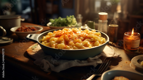 A bowl of freshly made macaroni and cheese sitting on a kitchen counter or restaurant table. Comfort food.