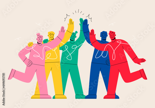 Celebrating International friendship day concept. Group of young positive people doing high five together, young generation celebrating social event holiday. Colorful vector illustration