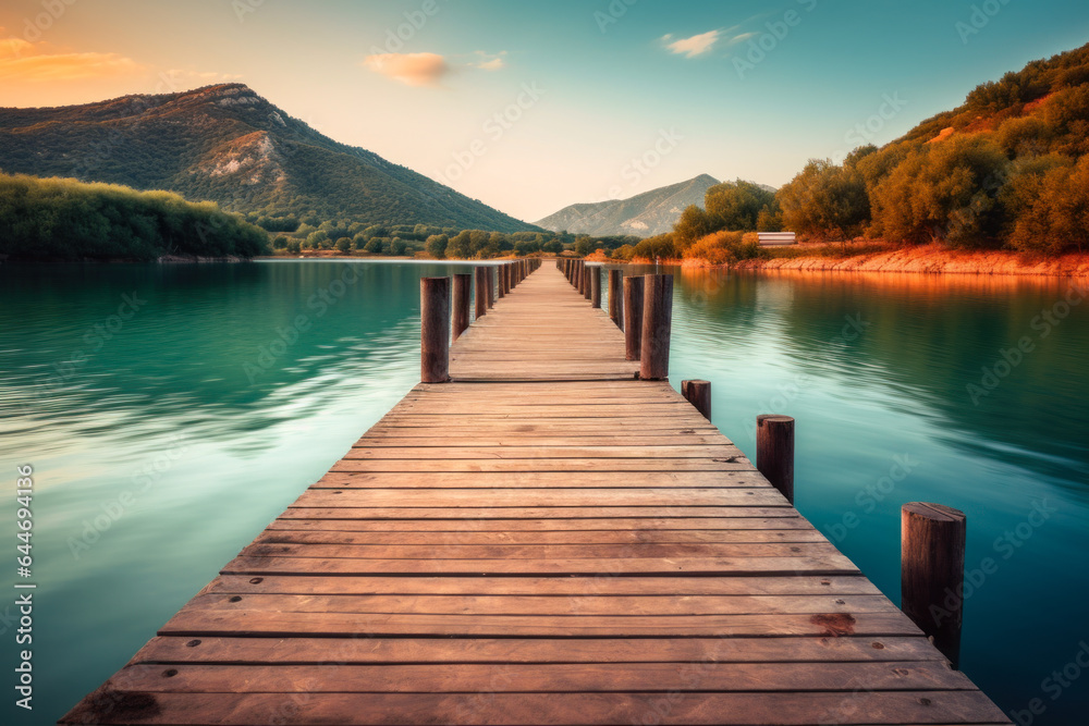 Obraz premium Wooden pier on a lake at sunset. Beautiful summer landscape.