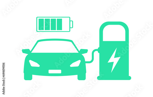 Electric car with charging plug. Battery charge level. Eco friendly vehicle concept. Vector illustration.