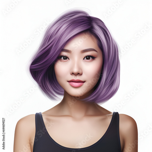 asian girl with purple hair, young pretty female person on a white background.