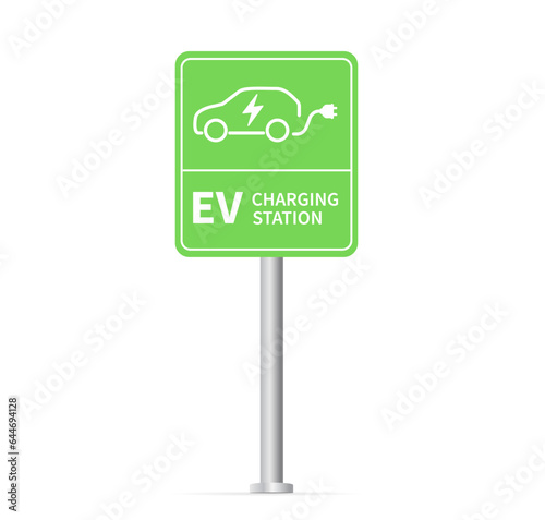 Electric vehicle parking and charging sing. Green power energy technology concept. Vector illustration.