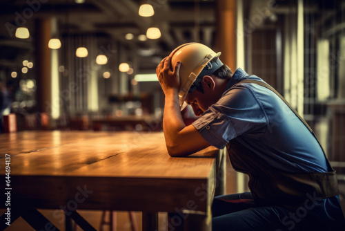 Portrait of a tired worker sitting at a wooden table.